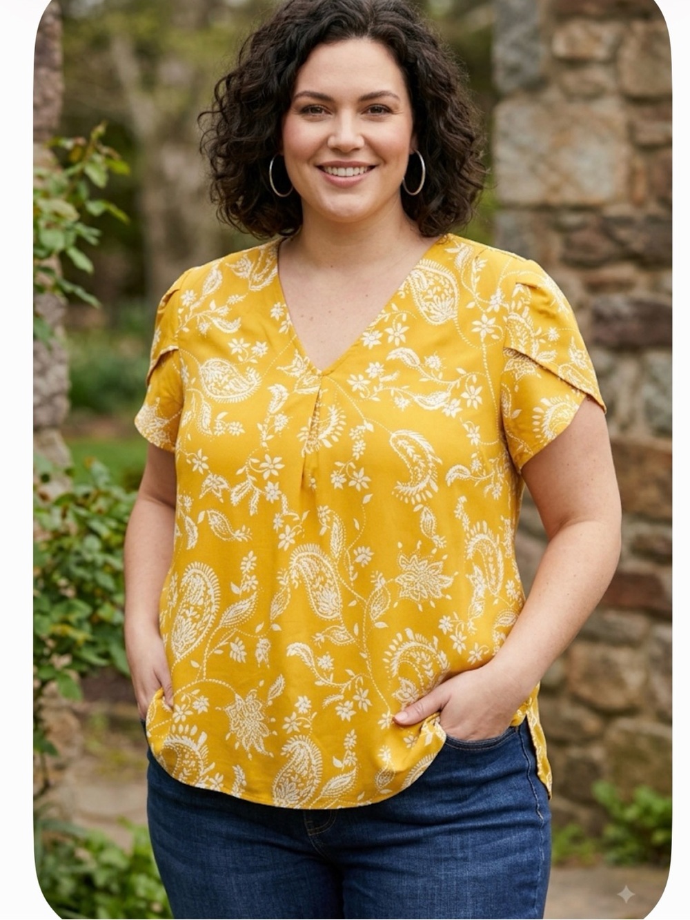 Como Black Mustard Yellow Floral Blouse Top Petal Sleeve Women’s Size XL ECU